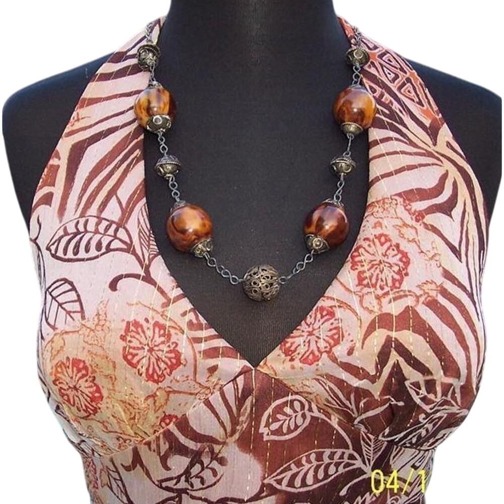 Cache Earthtone Silk Metallic Lined Halter Top New Built In Bra Lined NWT $128